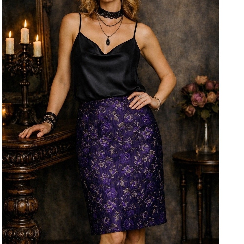 Vintage Bigio Collection Pencil Skirt Floral Jacquard Purple Brocade Goth USA  6